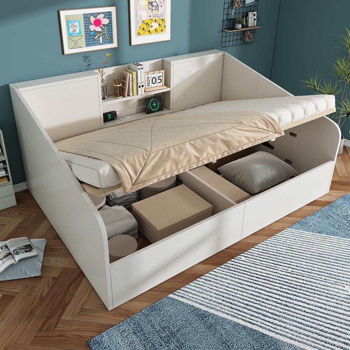 BLACKCOLORS Hydraulisch dagbed 140 x 190 cm in wit, houten bed met 2 opbergvakken, grote opbergruimte en USB/Type-C-oplaadstation, inclusief lattenbodem, compact tweepersoonsbed (zonder matras)