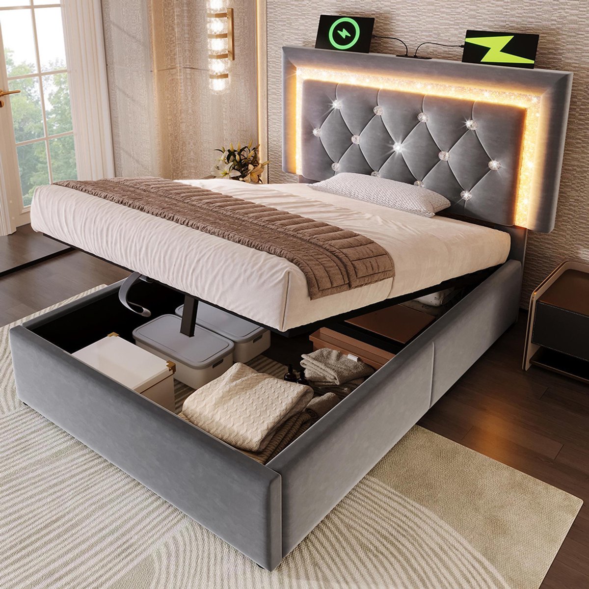 KOMHTOM BLACKCOLORS Gestoffeerd bed 90x200 cm Eenpersoonsbed van fluweel met diamantvormige ledstrip in het hoofdeinde, USB- en Type-C-oplaadstation, hydraulische opbergruimte, modern bed voor tieners met lattenbodem, grijs (zonder matras)
