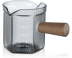 Joeyan Kleine Grijs Gekleurde 120ml Dubbele Tuiten Maatbeker met Houten Handvat, Mini Melk Espresso Shot Glazen, Kleine Borosilicaatglas Triple Pitcher met Schaal