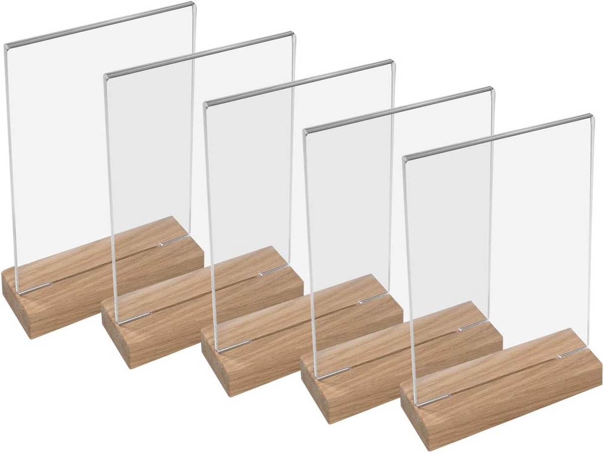 5x Acryl Tafelstandaard DIN A4 Staand met Stevige Houten Voet - Informatiehouder