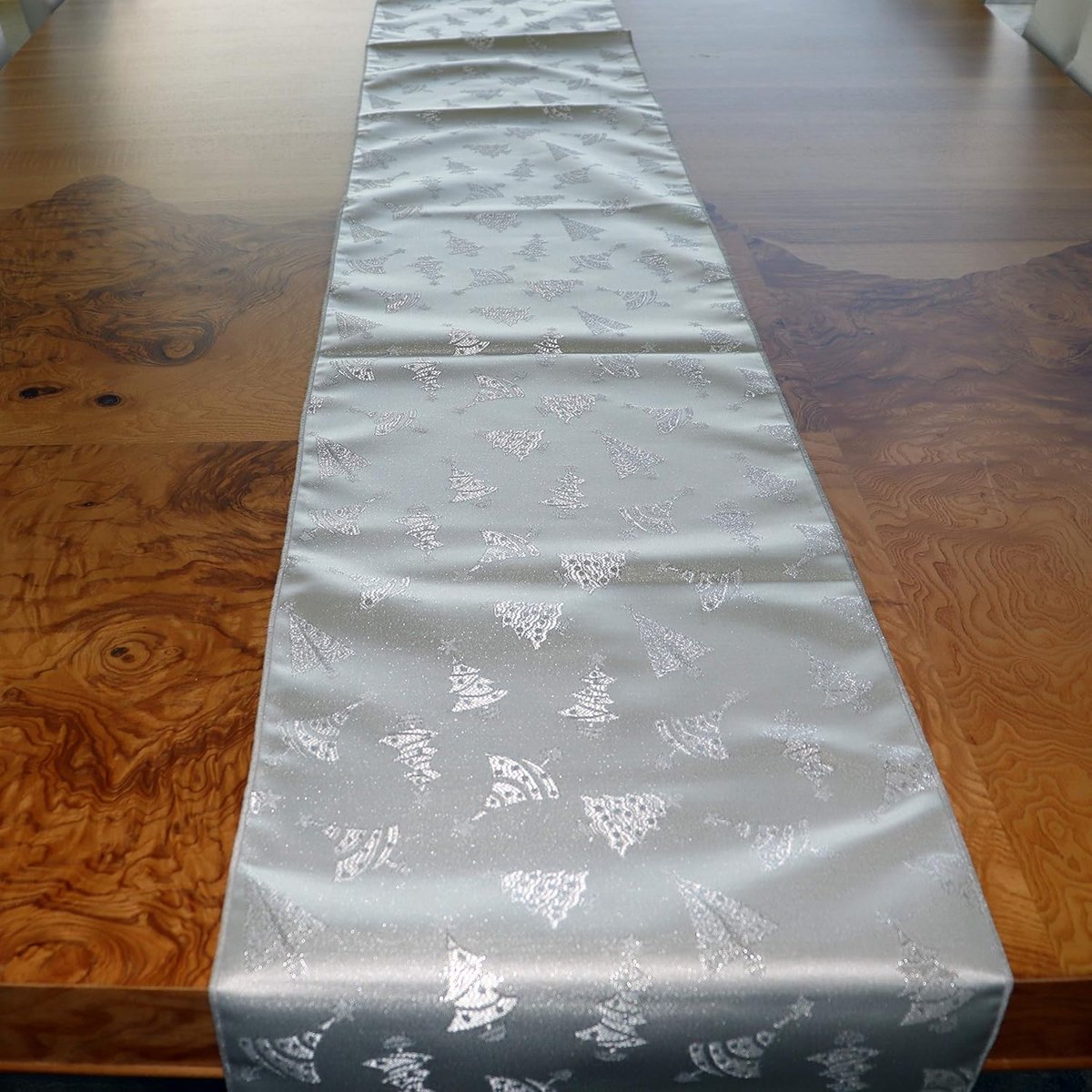 Glitter Brokaat Tafelloper Kerstboomprint Zilver voor Feestdagen - 30x160 cm