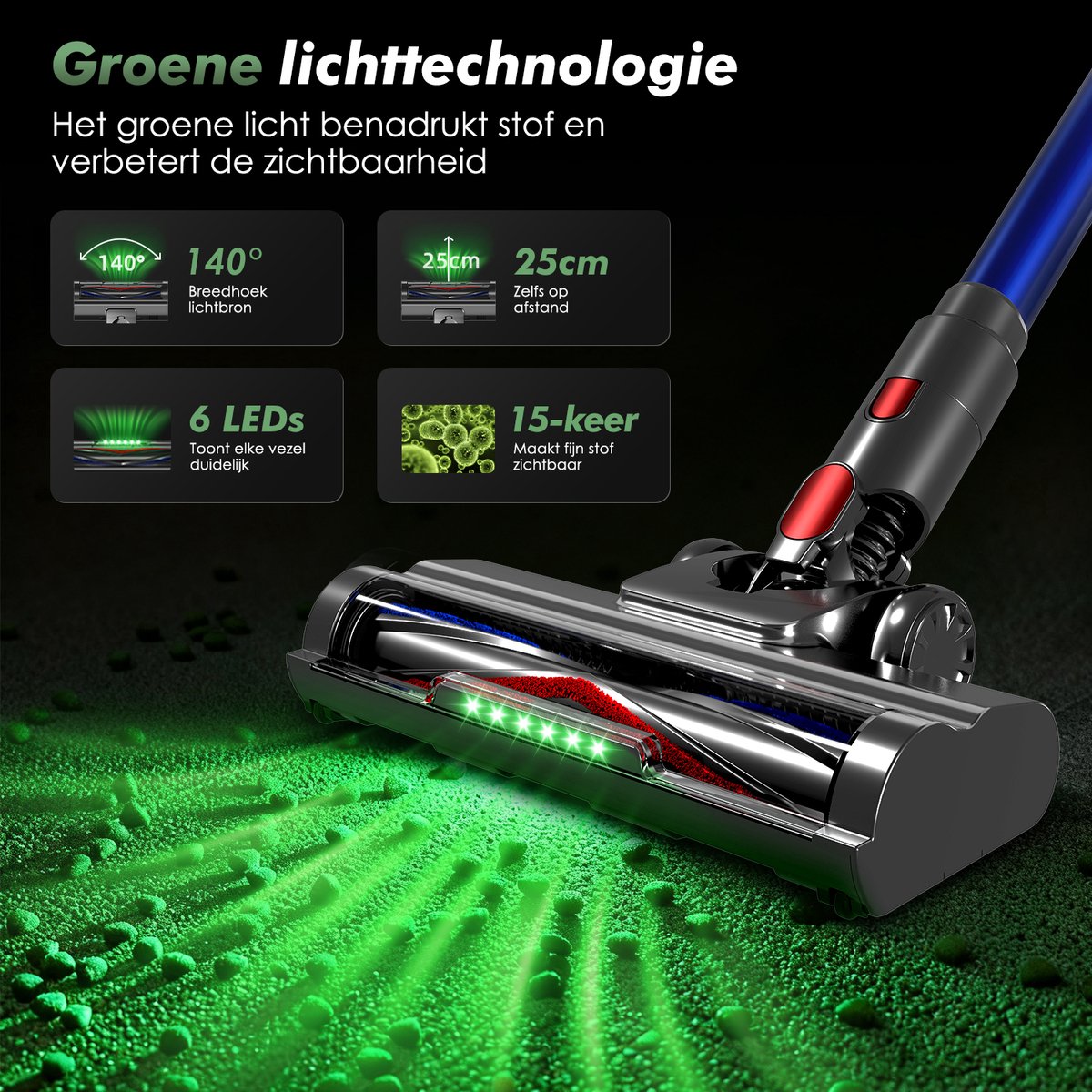 Fukstern Steelstofzuiger Draadloos - 38KPa krachtige zuigkracht - Tot 60 Min Accuduur - 4-voudig HEPA-Filtersysteem - 1,6L Stofreservoir - Anti-Klit Vloerborstel draadloze steelstofzuiger - blauw – foto 7