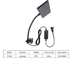 Clip-on LED-aquariumlamp met draaibare kop, witte LED-parels, geschikt voor koraalriffen en aquatische plantenlandschappen.