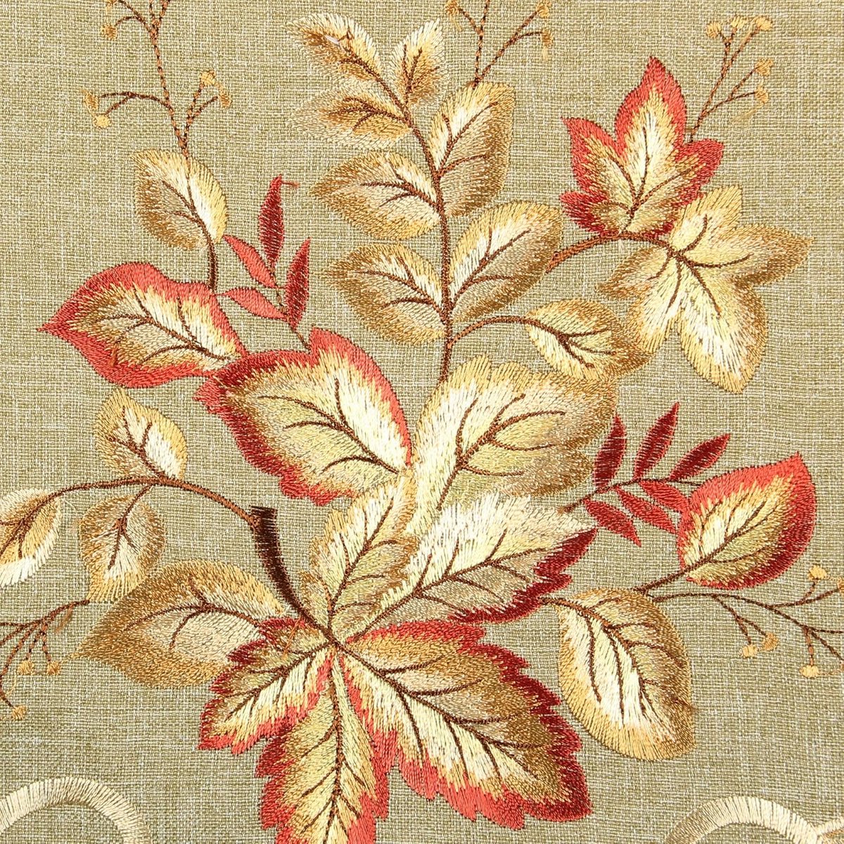 Tafelloper met Herfstbladeren Borduurwerk - Linnen Look Groen Beige