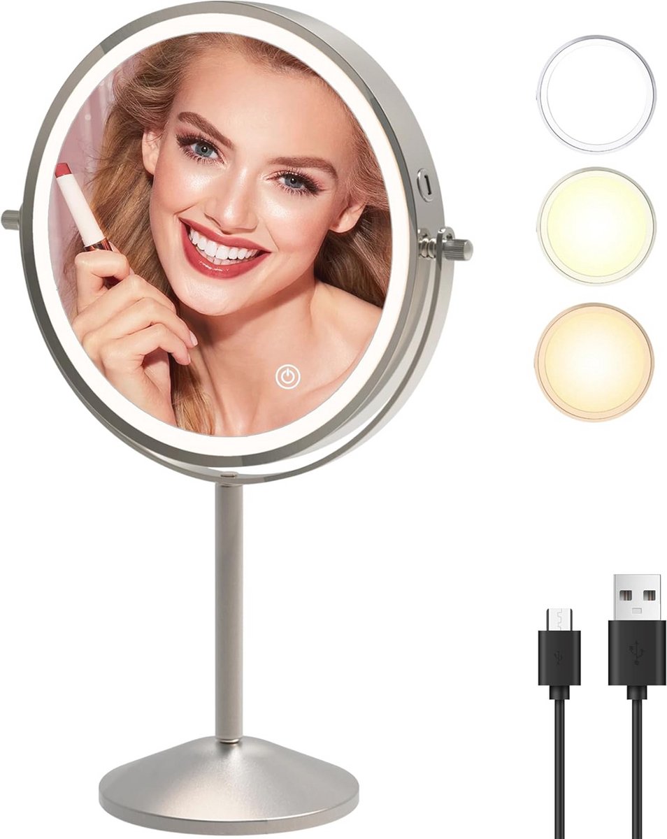 Oplaadbare LED Make-up Spiegel met Vergroting - 1x/10x en 3 Kleuren Licht