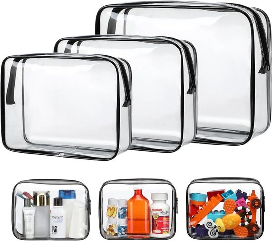 Transparante toilettas met ritssluiting - Cosmetische tas - Waterdichte toilettassen - Geschikt voor op reis - Transparante cosmetische tas van PVC - Drie formaten (klein, middelgroot, groot) - Praktische opbergmogelijkheid voor je toiletspullen
