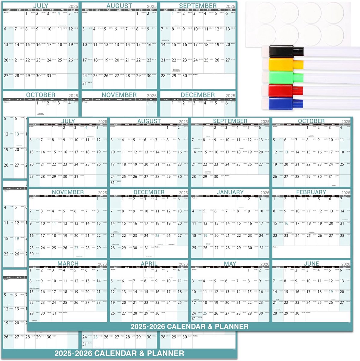 Groot Jaarkalender 2025 - Whiteboard Kalender voor Aan de Muur (81x122 cm) met Grote Vakken