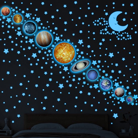 Stickers Glow-in-the-dark des neuf planètes du système solaire, décorations auto-adhésives du ciel étoilé, de la lune et des étoiles filantes pour chambres d'enfants, et stickers muraux décoratifs Glow-in-the-dark.