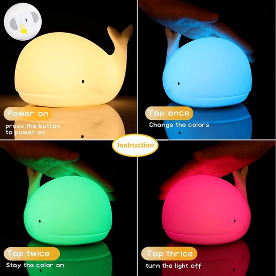 LOVERUIS Nachtlampje voor kinderen, 7 kleuren, nachtlampje voor baby's, nachtlampje, Kawaii, nachtlampje, decoratie, babykamer, kindernachtlampje, batterij, draagbaar voor decoratief cadeau (walvis — afbeelding 3