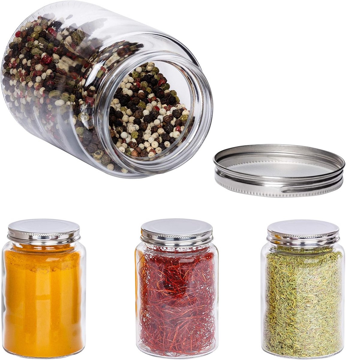 Set van 4 Kruidenpotten met Schroefdeksel, Vintage Glazen Opslagpotten 520 ml