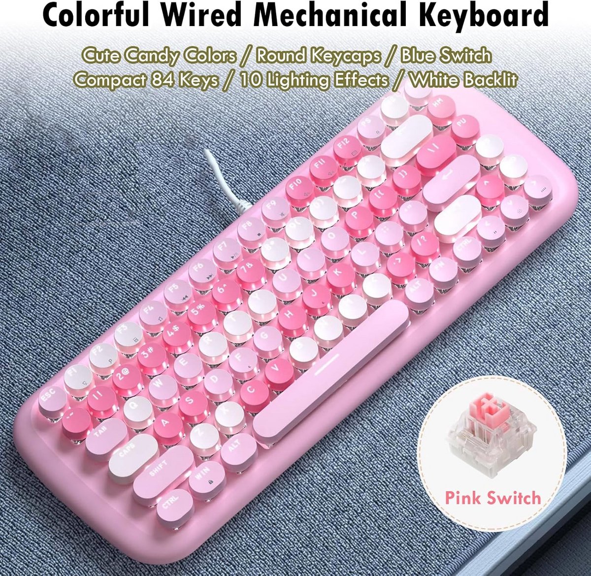 Mechanisch Toetsenbord Compact 84 Toetsen Rond Roze RGB Verlicht voor Kinderen Meisjes thumbnail 6