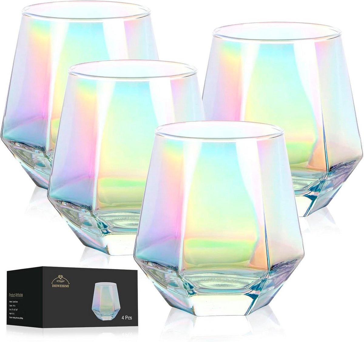 Set van 4 Kristallen Wijnglazen met Regenboogdiamant Design