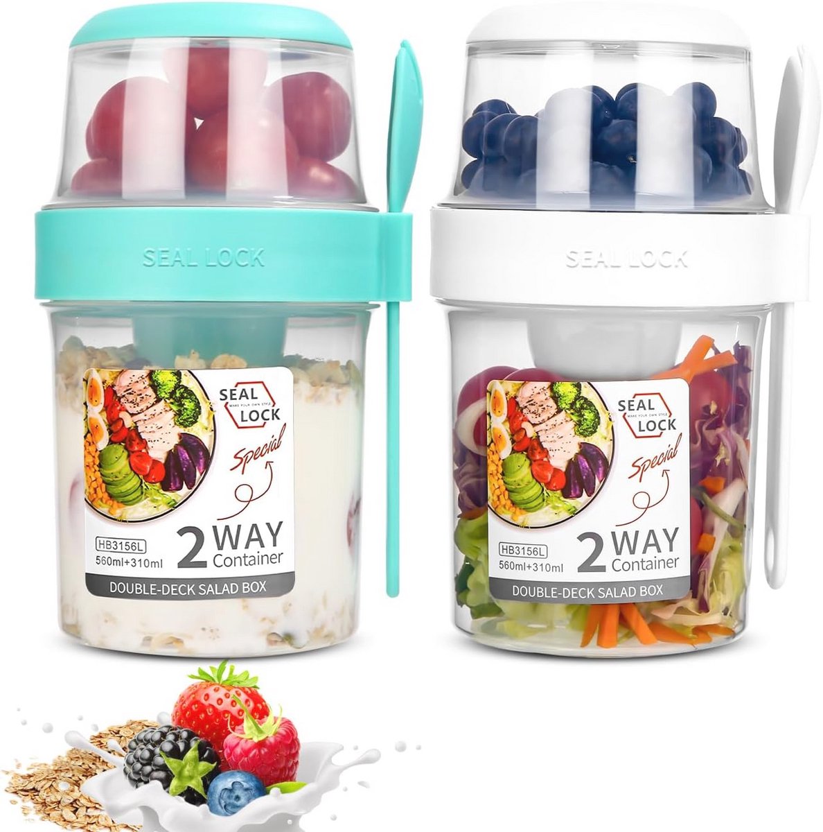 Mueslibekers To Go - Dubbellaags, Lekvrije Yoghurtbeker met Lepel (310 ml + 560 ml)