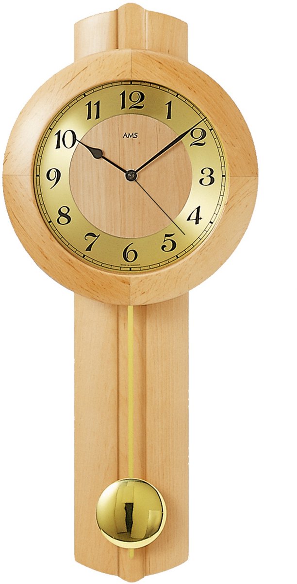 AMS Wandklok AMS Elzenout - Radio gestuurd met slinger Slingerklok - gouden slinger Leer