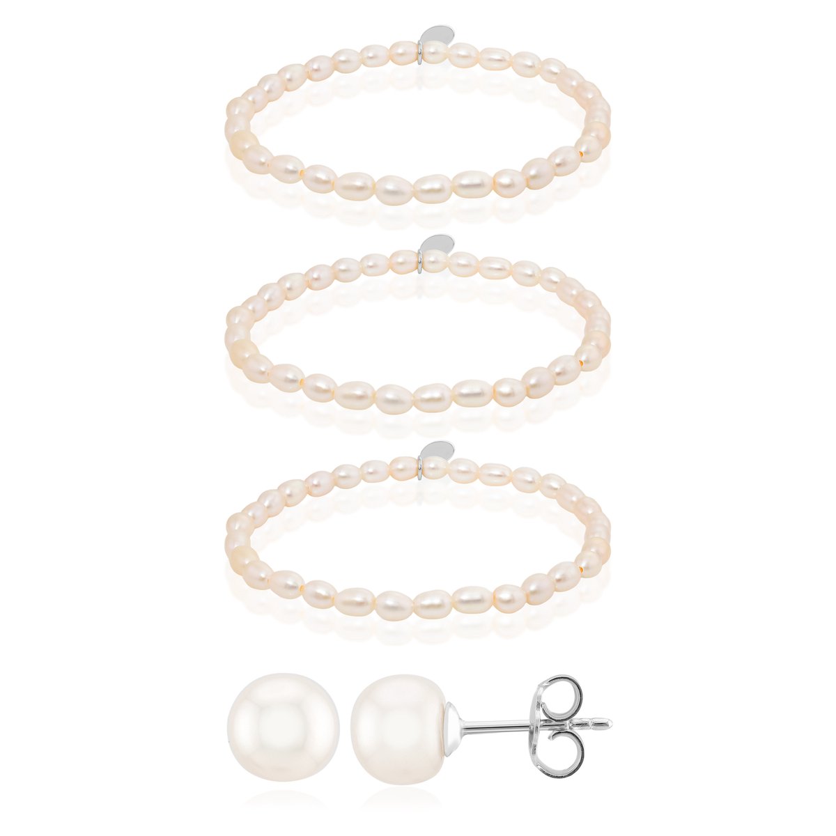 Cavill - Zilveren Set met Witte Zoetwater Kweekparels 8mm - 925 Sterling Zilver - Elegante Elastische Armbanden & Oorbellen - Luxe Sieradenset