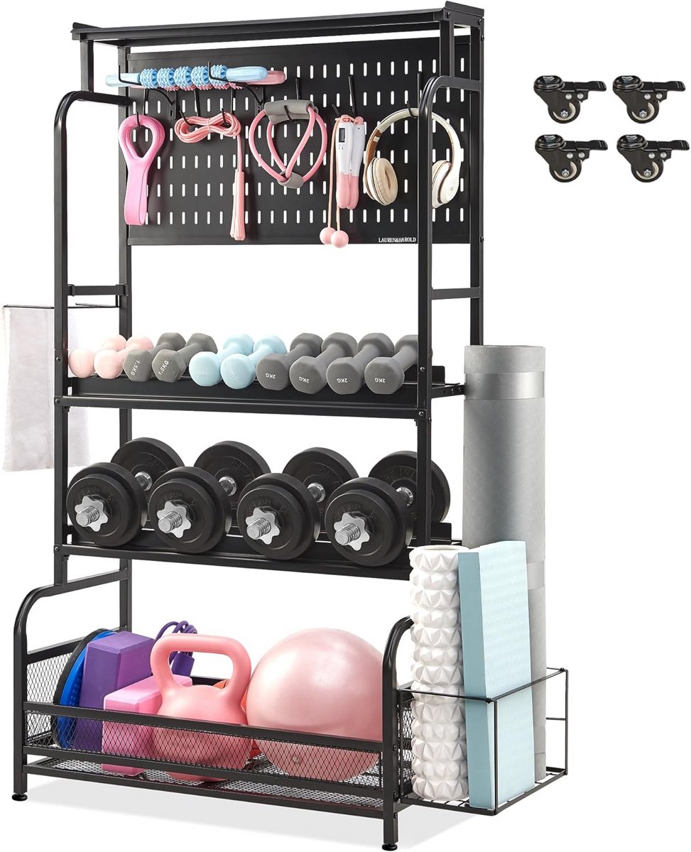 Grote Opbergorganizer voor Fitnessapparatuur - Yogamat Rek, Halterhouder en Kettlebell Standaard met Wielen