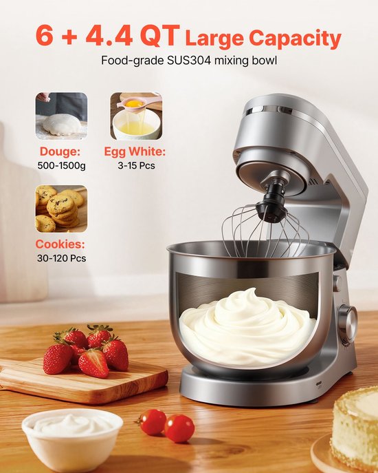 Keukenmachine - Staande Mixer - Krachtige 1500W Motor - Roestvrijstalen Mengkom 5,7 L - 10 Snelheden - Kantelbare Kop - Inclusief Deeghaak, Klopper en Garde — afbeelding 5