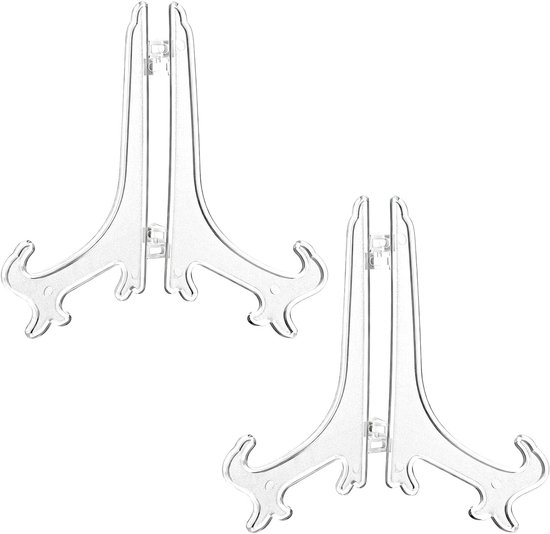 Twee transparante plastic displaystandaards op een witte achtergrond.