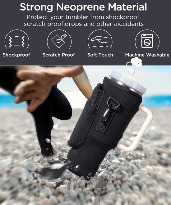 Waterfles houder-Tweedelige draagtas voor waterfles - waterfles niet inbegrepen - met telefoonvak - geschikt voor waterflessen van 1,2 liter/886 ml - tas met waterfleshouder - met verstelbare schouderband - met rietjeshouder - zwart-wit - 25x10 cm — afbeelding 4
