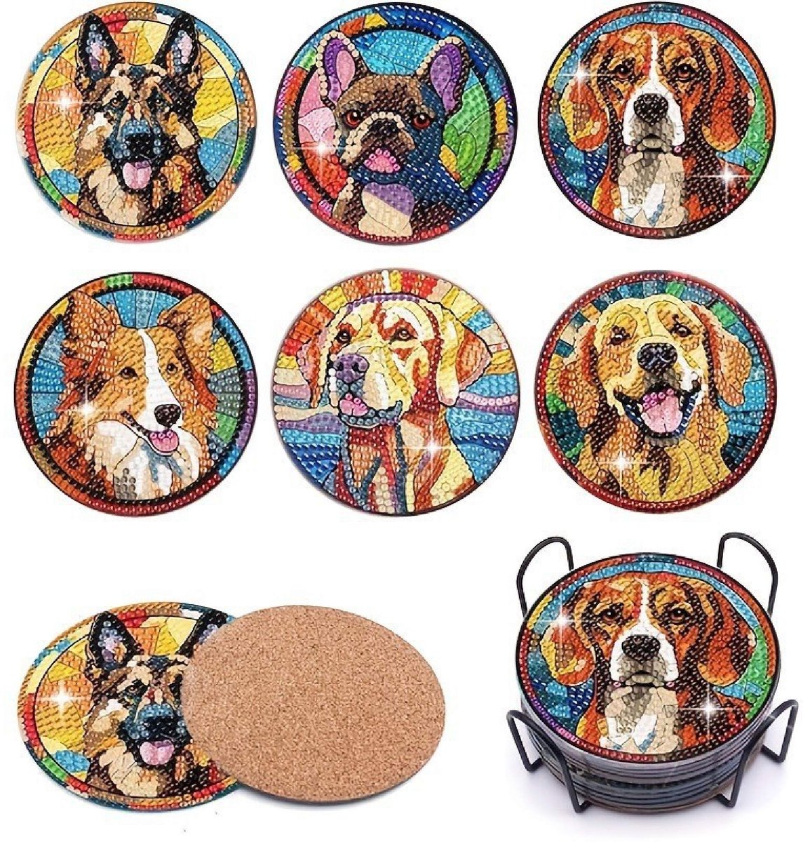 VDTOYS® DIAMOND PAINTING voor volwassenen - HONDEN - Onderzetters - Coasters - Onderleggers - Ronde steentjes - 6 stuks - Compleet Hobbypakket - set AI 852 HONDEN