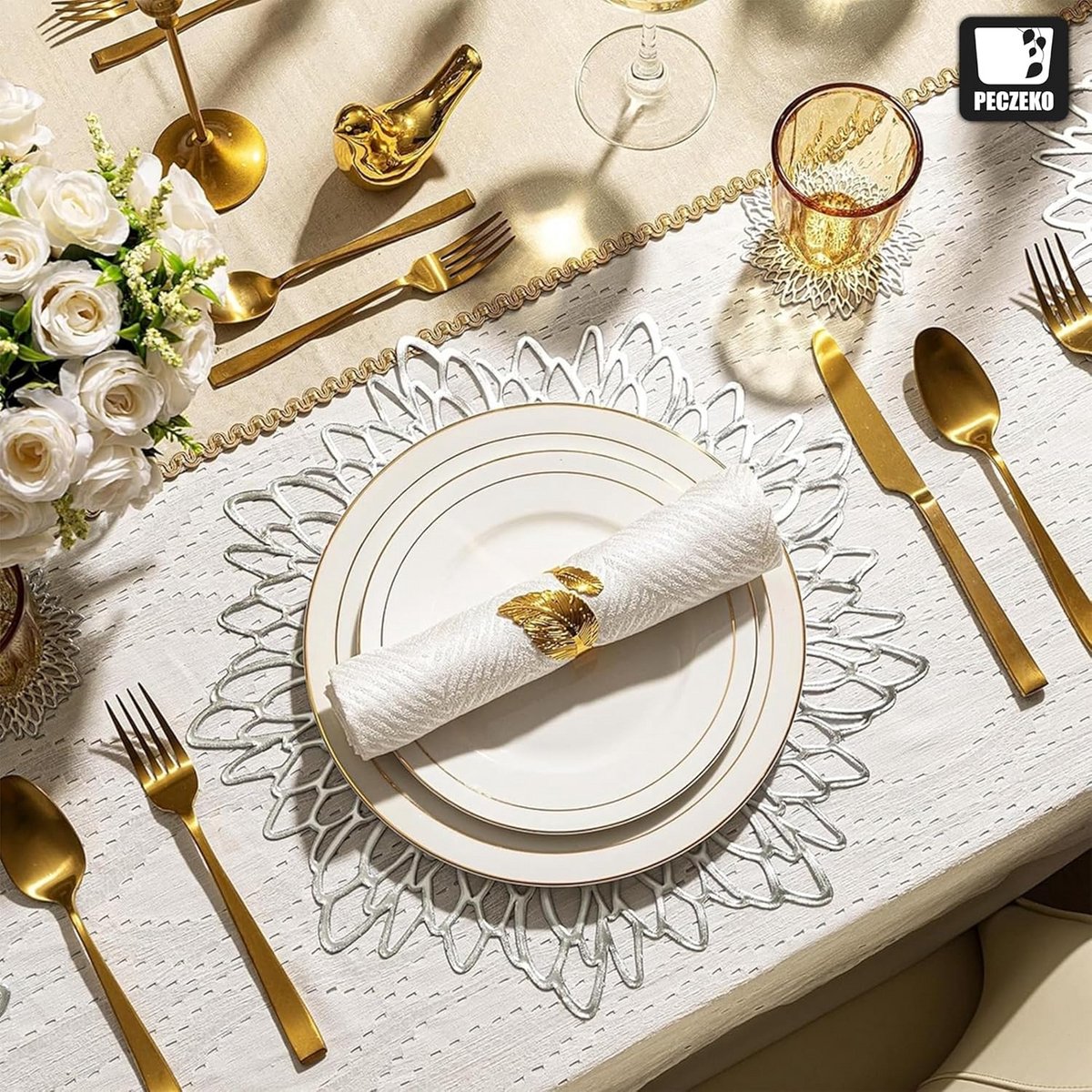 Set van 4 Zilveren Ronde Placemats PVC - Hittebestendig & Antislip voor Keuken en Feest
