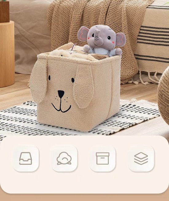 Opvouwbare Teddy Speelgoedmand - Opberger - Lichtbruine Knuffelmand in Hondendesign met handvaten, 33x33x33 cm - Commodemandje - Kinderkamer decoratie accessoires - Babykamer accessoires - Organizer — afbeelding 3