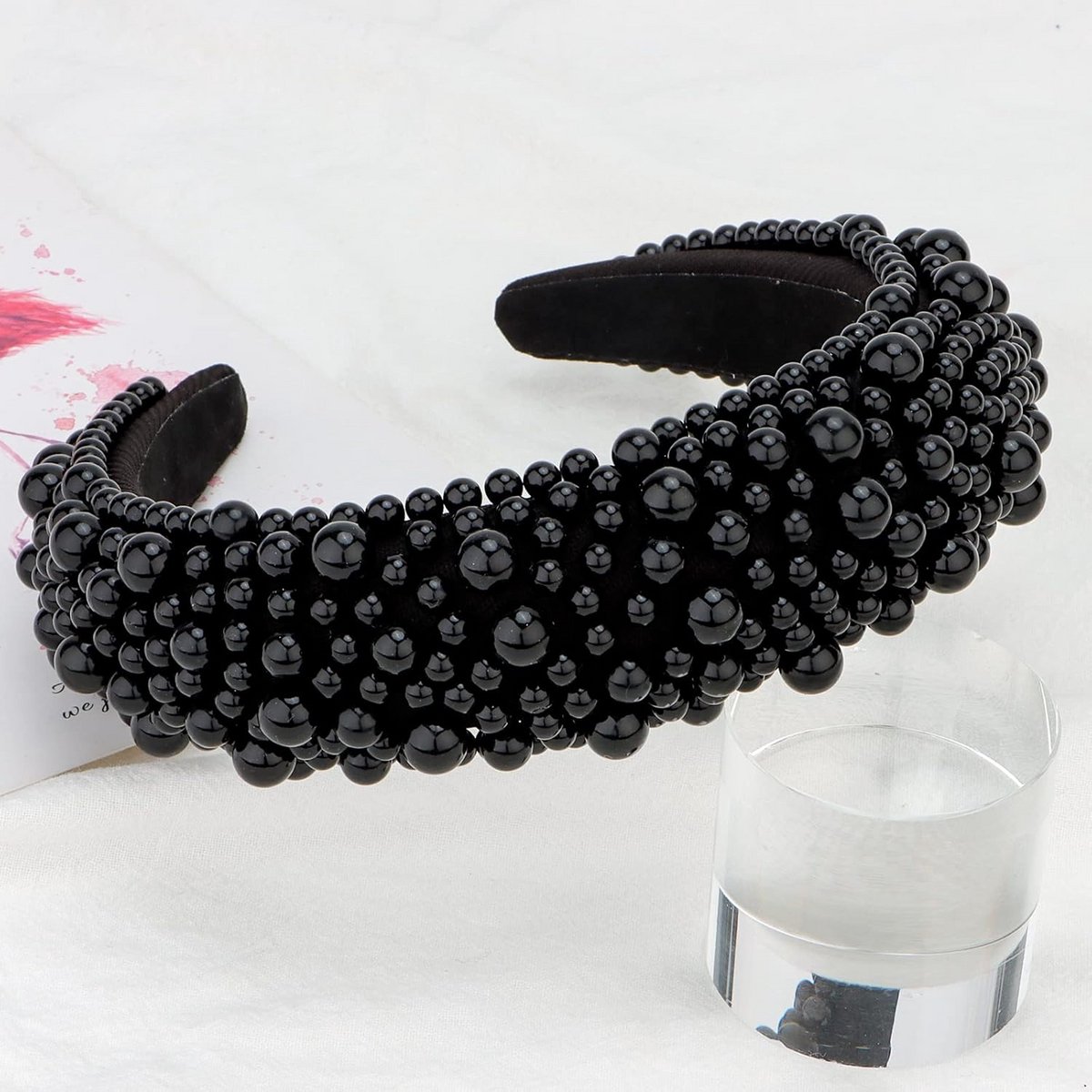 Luxe Zwarte Parel Hoofdband - Gewatteerd & Breed Haaraccessoire voor Dames