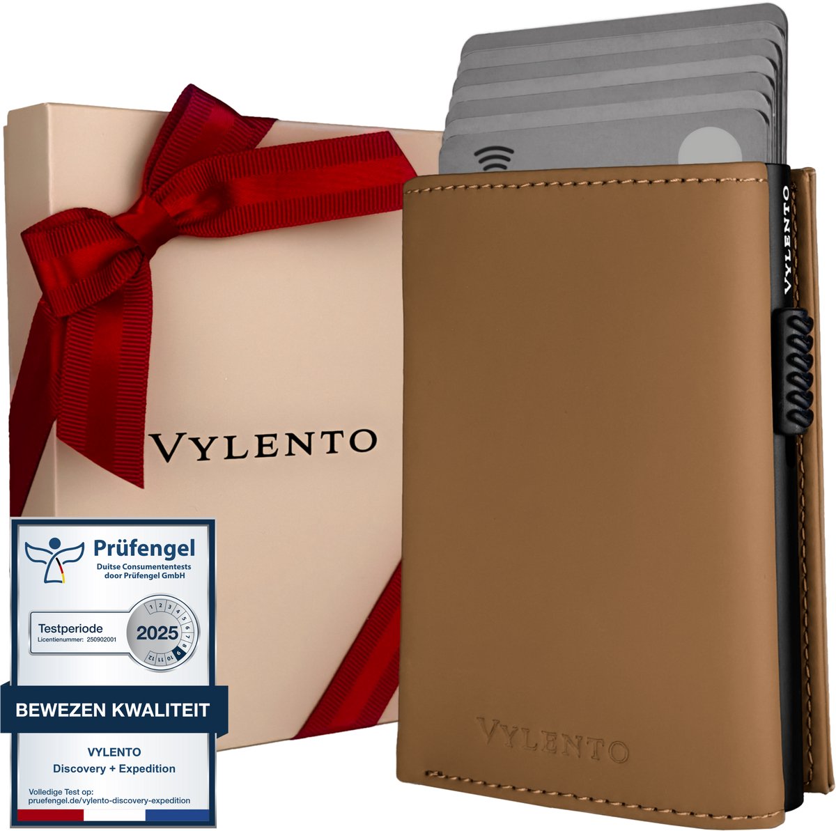 Vylento - Premium Portefeuille met Uitschuifbare Pasjeshouder - 13 pasjes - RFID Portemonnee - Kleine Pasjes Portemonnee Dames & Heren met Muntvak en Geldvak - Inclusief Luxe Vaderdag Cadeaubox - Expedition Bruin