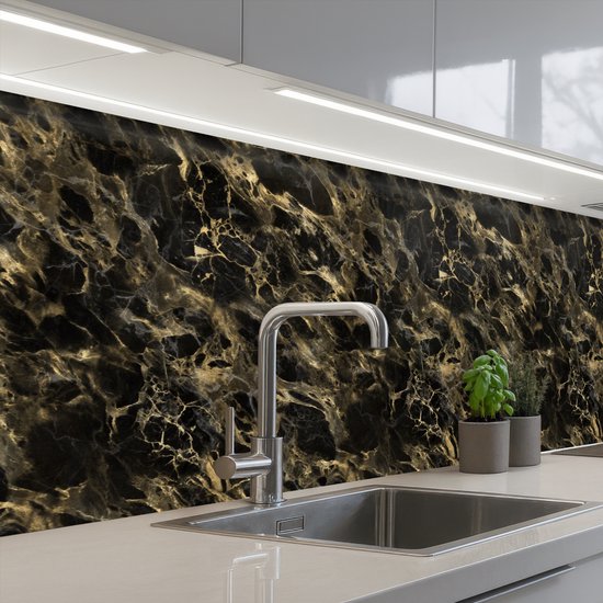 Keuken achterwand 300x80 cm - Spatscherm zelfklevend Kristal - Goud - Zwart - Marmer print - Muurbeschermer - Spatwand fornuis