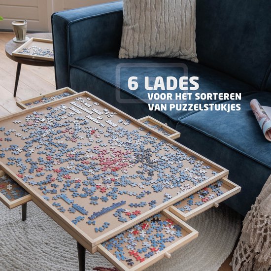 BREND BR-2217 Puzzelplaat voor 1500 Puzzelstukjes met 6 Lades – Puzzelbord met Opbergsysteem - Puzzelmat van Hout – Puzzeltafel inclusief Afdekplaat