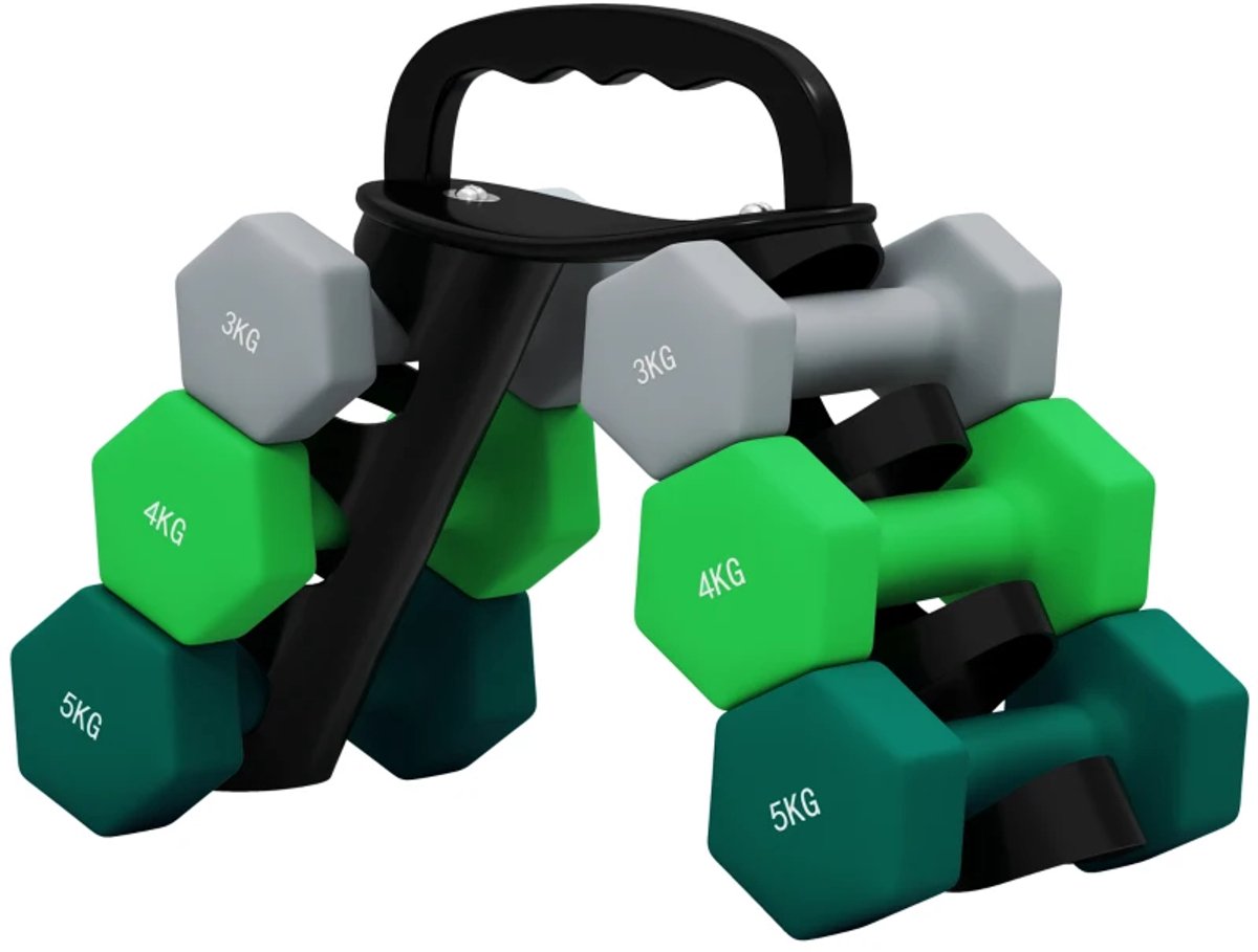 Halterset met Halterstandaard - Dumbells - Gewichten - Dumbells set van 6 Halters - Gewichten Fitness - 2 x 3 kg, 2 x 4 kg, 2 x 5 kg - Halter set voor Krachttraining, Workout, Gym
