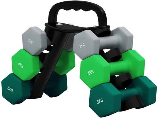 Un ensemble de 6 haltères (2x3kg, 2x4kg, 2x5kg) en gris, vert et vert foncé, organisé dans un support noir avec poignée.