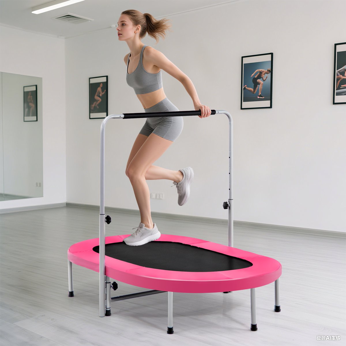 COSTWAY Trampoline voor 2 personen met in hoogte verstelbare handgreep, mini-trampoline tot 150 kg belastbaar, kindertrampoline inklapbaar, tuintrampoline voor kinderen en volwassenen (roze) — afbeelding 2