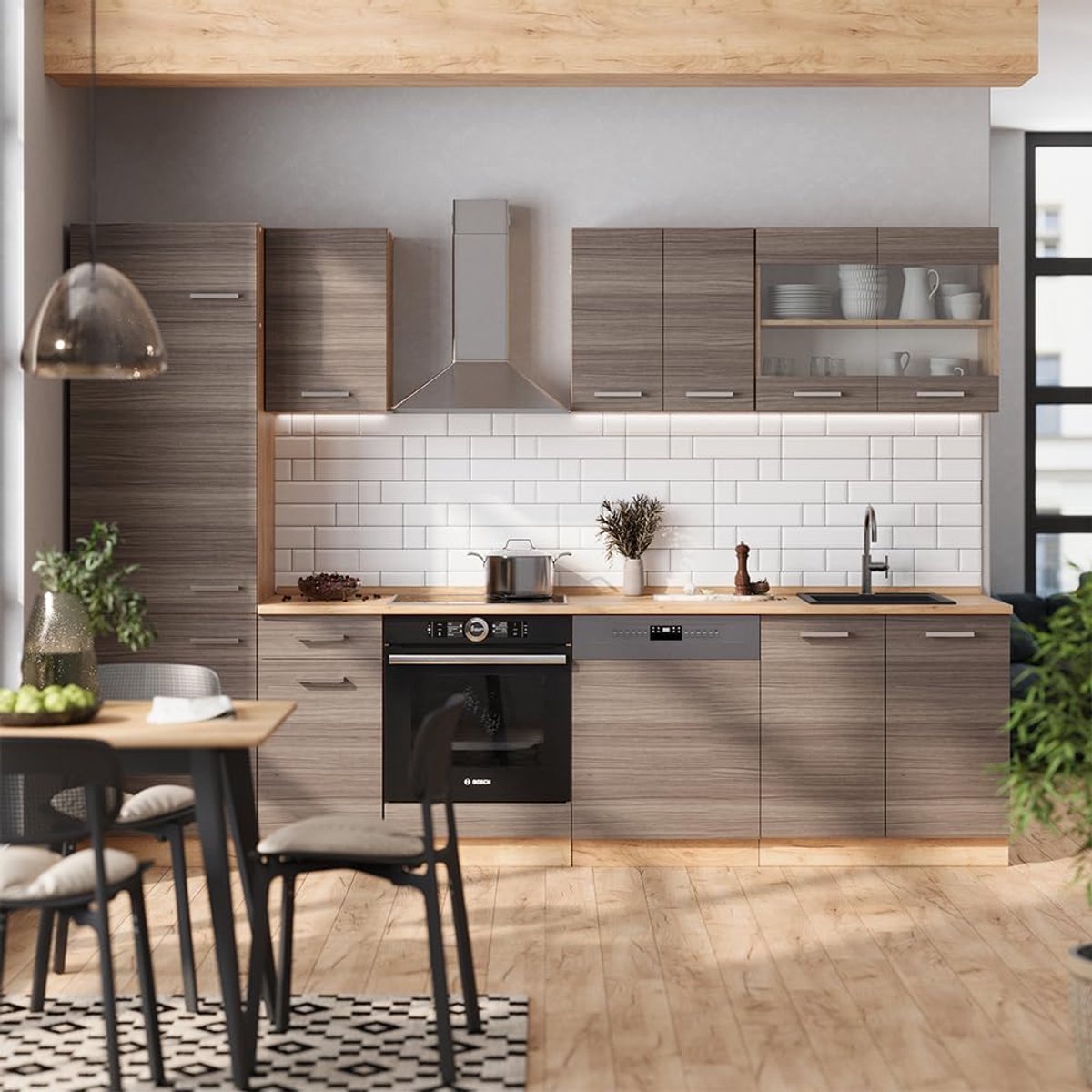 Complete Keukenblok 300 cm Edelgrijs / Goldkraft Eiken met Antraciet Werkblad – Modern Modulair Keukenmeubel met Verstelbare Poten & Werkblad – Luxe R-Line Design Keukeneenheid – Novihome