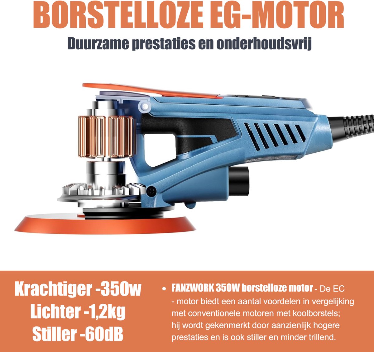 Borstelloze Excentrische Schuurmachine 350W – 5 mm Excenter – 125/150 mm – Regelbaar – Met Koffer – foto 2