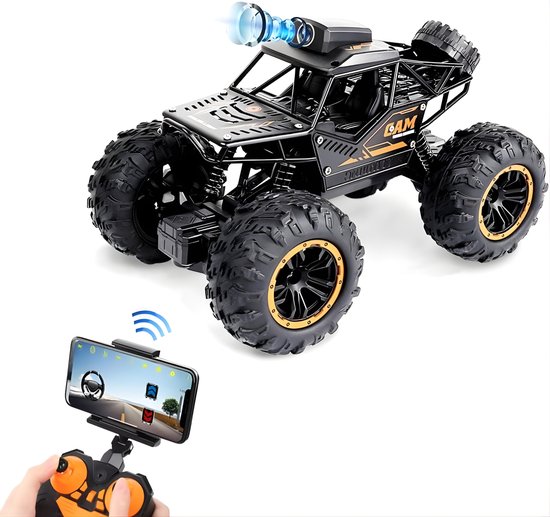 Zwarte offroad RC auto met oranje details, met een smartphone bevestigd voor live beelden via HD-camera.