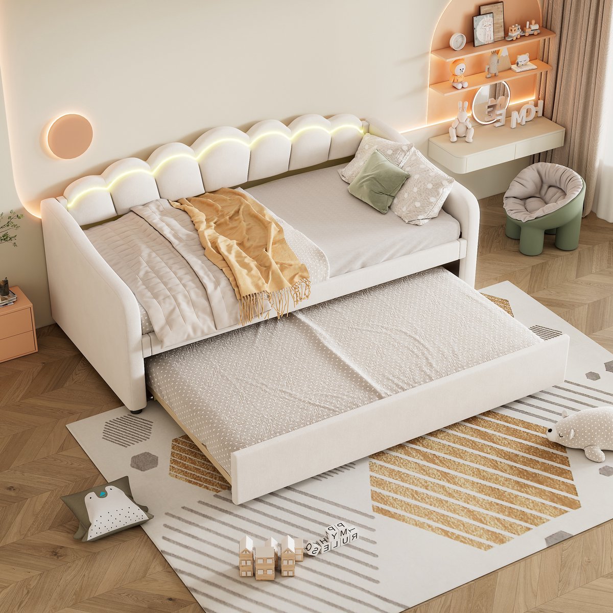 STILVORA Slaapbank 90x200 cm - Eenpersoons Logeerbed Met Uitschuifbaar Onderbed Voor Slaapkamer En Woonkamer - Fluweel - Beige