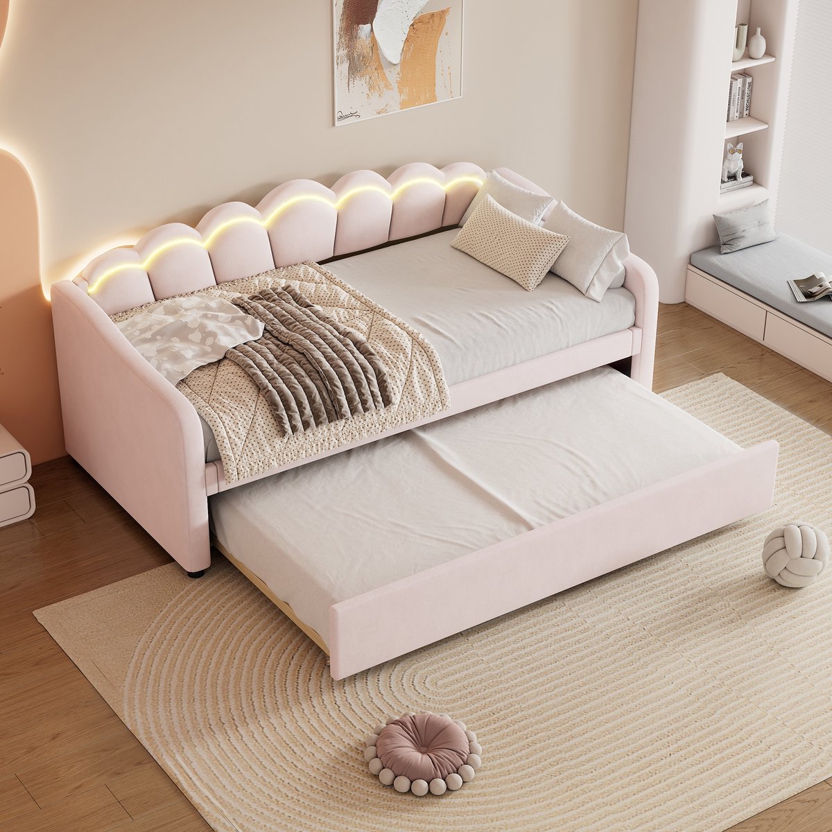 STILVORA Slaapbank 90x200 cm - Comfortabel Logeerbed Met Uitschuifbaar Onderbed En Sfeerverlichting - Fluweel - Roze