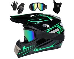 Downhill Motorhelm voor Kinderen & Volwassenen – D.O.T. Gecertificeerde ATV & MTB Integraalhelm Set – Inclusief Bril, Handschoenen & 4 Maten Helmvoering