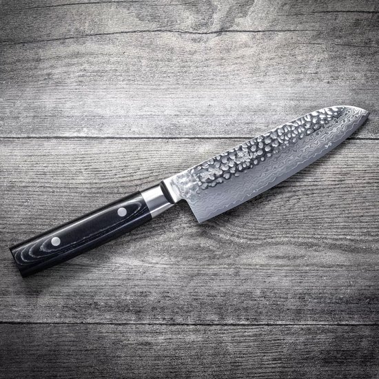 Yaxell Japonais - Série Zen - Couteau de Chef Santoku - Acier VG-10 - 61 HRC - Lame 16,5 cm - Acier Damas 37 Couches - Manche Toile-Micarta