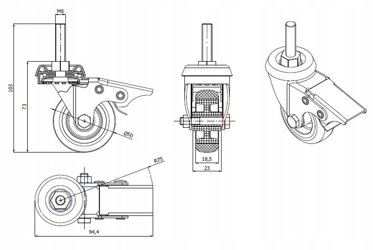 Zwenkbaar Meubelwiel 50mm met Rem en M8 Schroefdraad