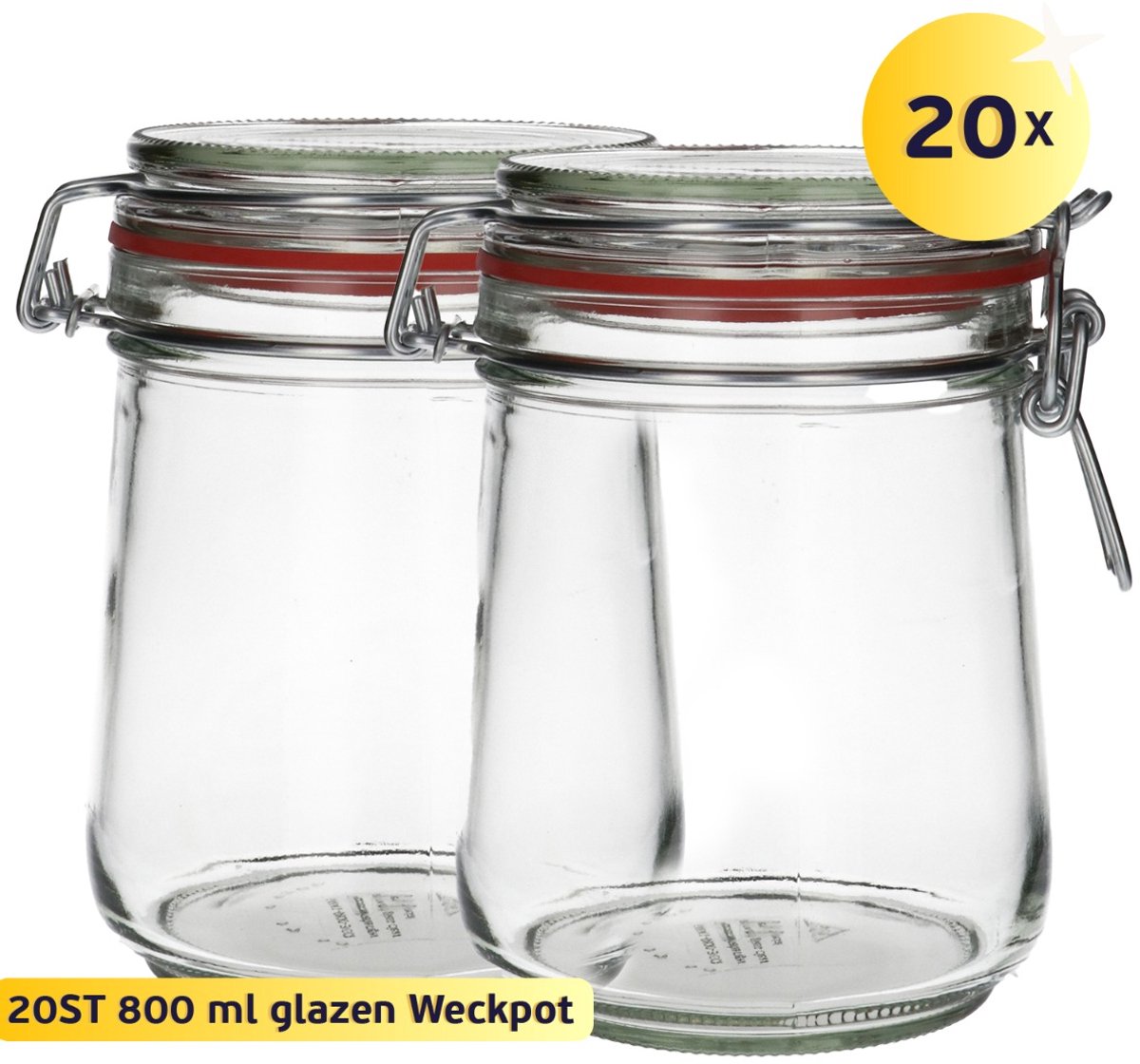20x Glazen Weckpot 800 ml - Rond & Transparant - Inmaakpotten, Mason Jar, Weckpotten met Deksel, Confituurpotten - Hervulbaar - Glas - 20 Potten