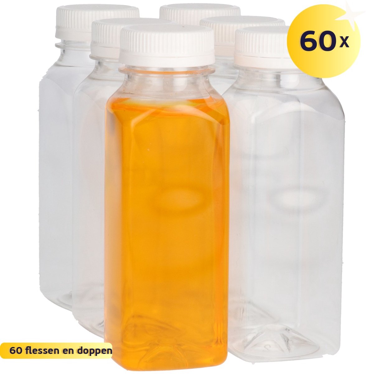 60 x Sapfles Plastic 125 ml - Vierkant - PET Flessen met Dop wit- PET Kunststof BPA-vrij - Plastic Flessen Navulbaar - Met Dop - Lege Flessen - 60 stuks