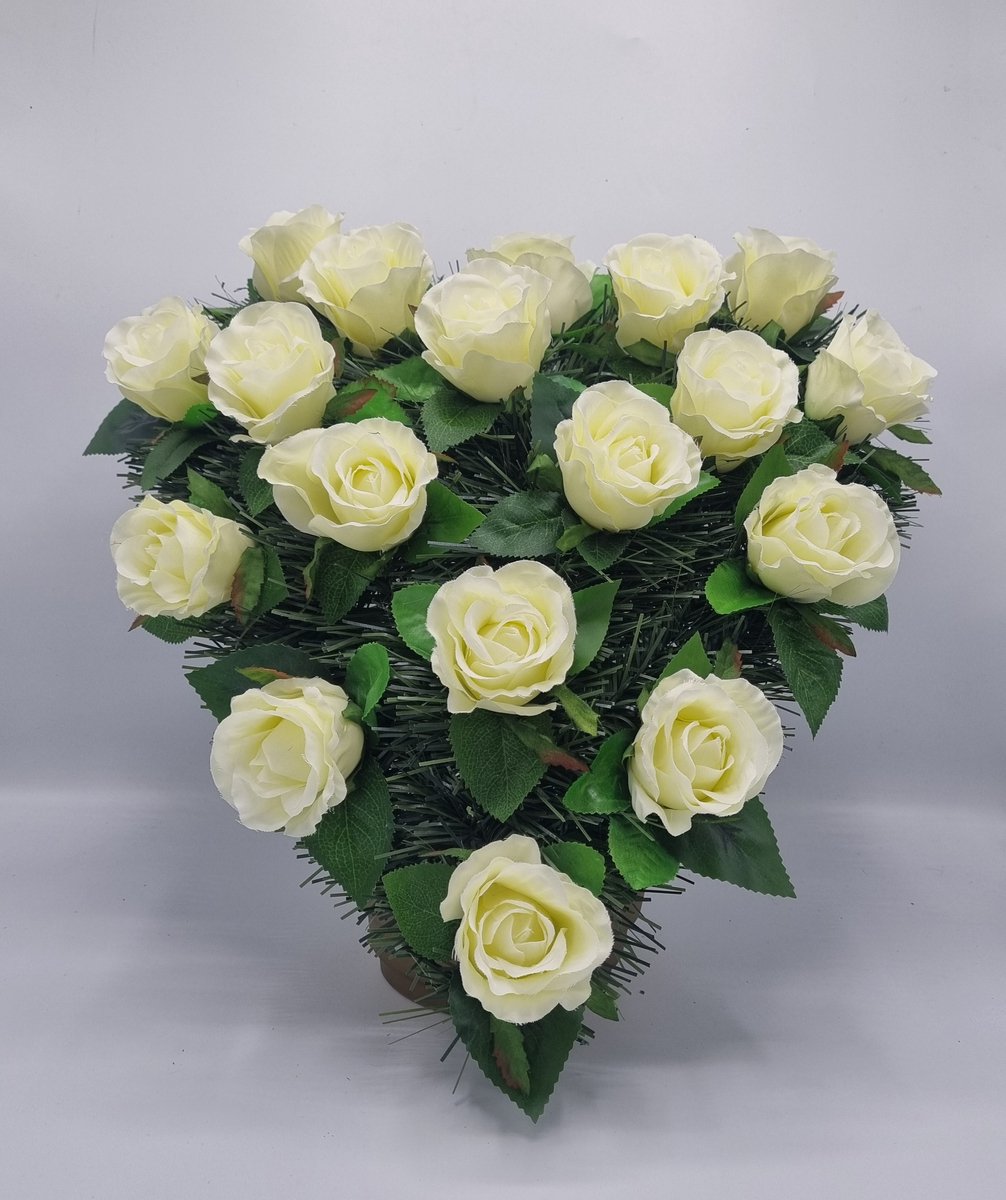 Bloemstuk - SU1 - Hart - Roos - Wit - Inclusief verlichting - 40cm - Verzwaard - Buigzaam - Grafdecoratie
