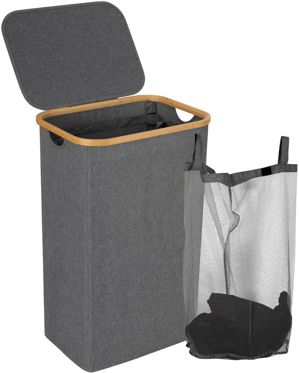Wasmand , Waszakken ,Natuurlijk Bamboe Wasmand met Deksel, 100L Grijs
