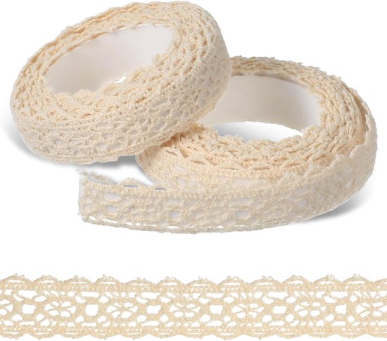 Ruban de dentelle Vintage - Lot de 2 - Ruban de dentelle autocollant - Katoen - Décoratif - Dentelle - Coudre - Loisirs créatifs - Décoration de mariage - Boîte cadeau - Décoration de Fête - Fournitures de loisirs créatifs - 1,5 cm × 2 m - Wit
