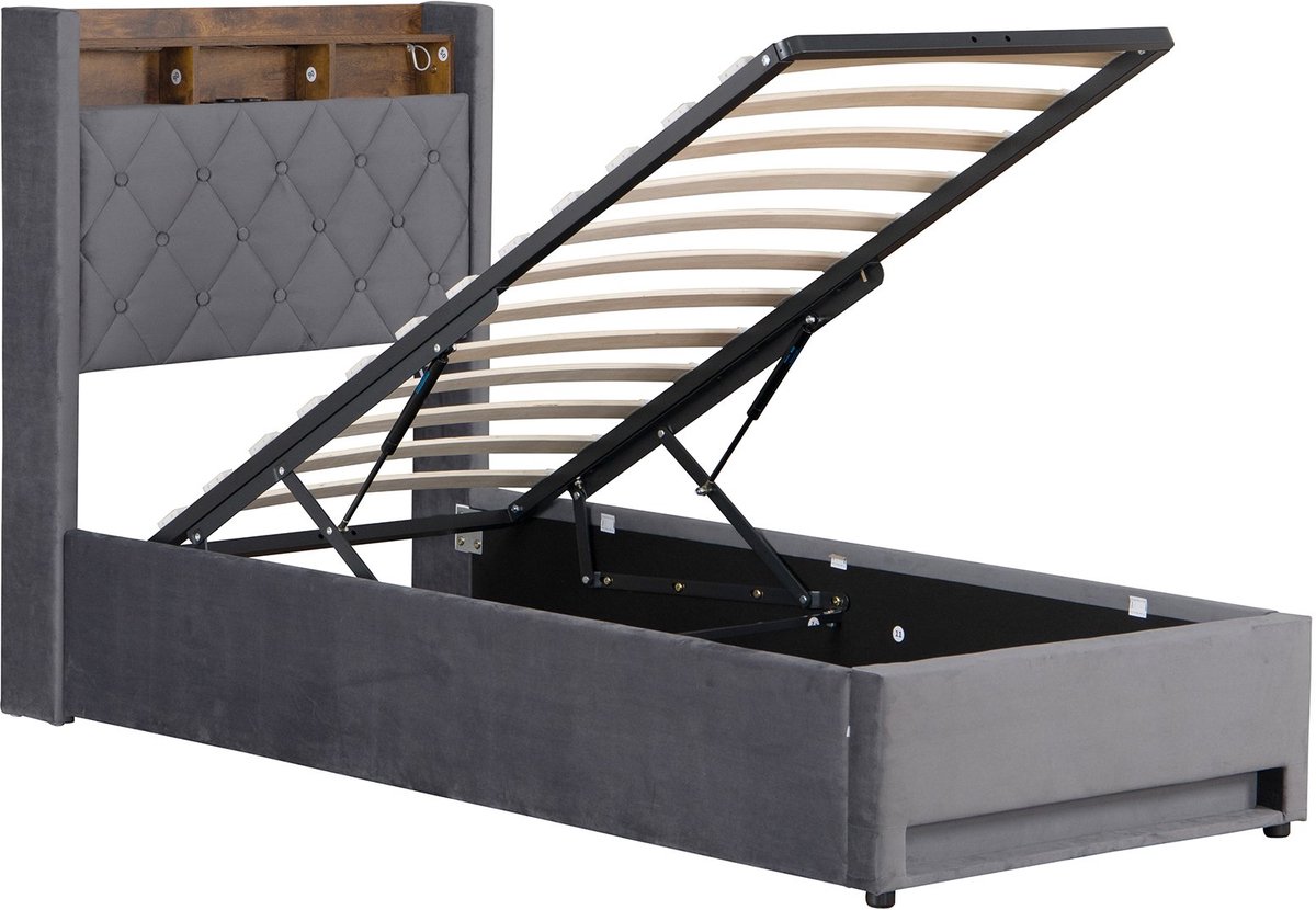 MODFU Gestoffeerd Eenpersoonsbed met LED 90x200 cm – 216x92,5x117 cm – Meerkleurig hoofdbord – Hoog frame – Fluweel grijs – Tiener/logeerkamer