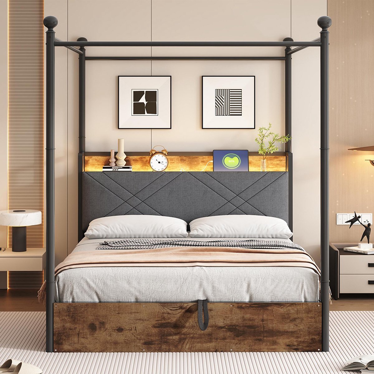 KOMHTOM BLACKCOLORS - Multifunctioneel Tweepersoons Smeedijzeren Bed 140x190 - Met Hydraulische Opbergruimte - Smeedijzeren Baldakijn - Afneembare Staanders met LED en USB/Type-C - Tienerbed - Zwart Zwart-2