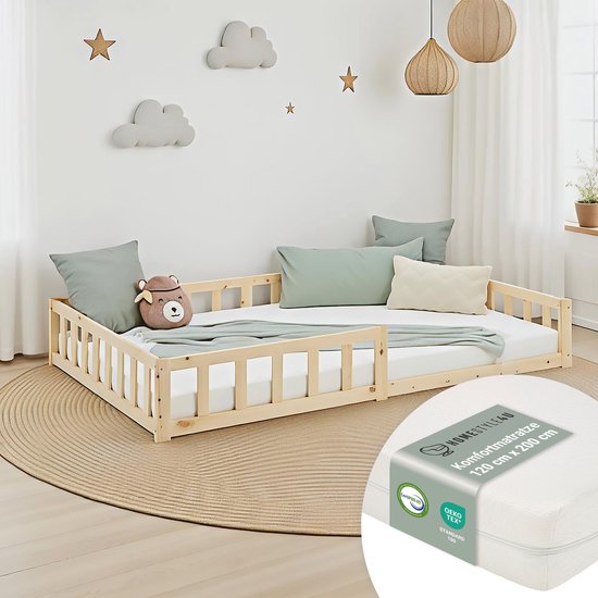 Homestyle4u Kinderbed 120x200 cm - Vloerbed met matras en valbeveiliging - Natuur