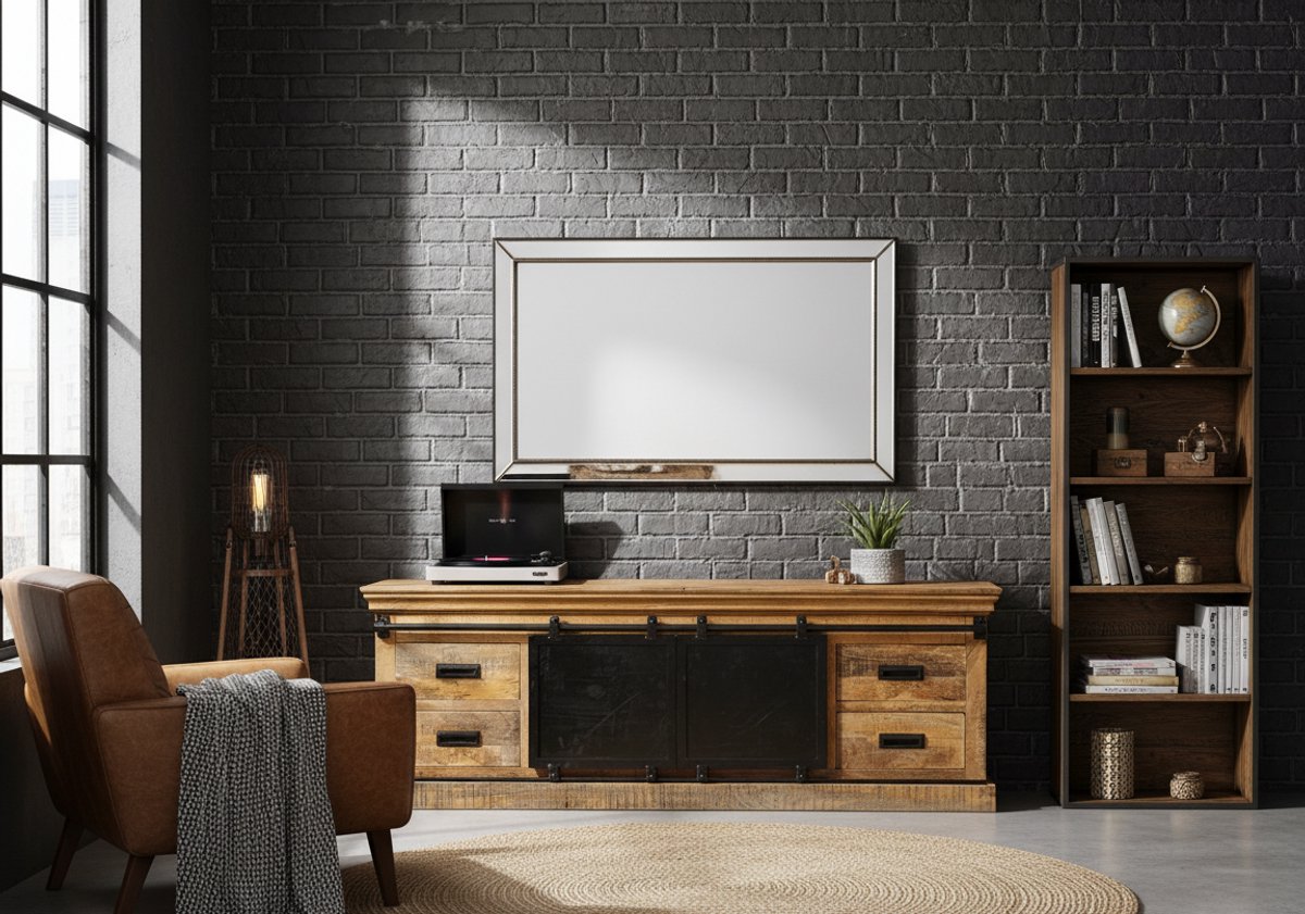 Milan Luxe Mangohouten TV Meubel 200 cm Industrieel Zwart Metaal – Robuuste Televisiekast met Lades en Schuifdeuren – Medahomestore
